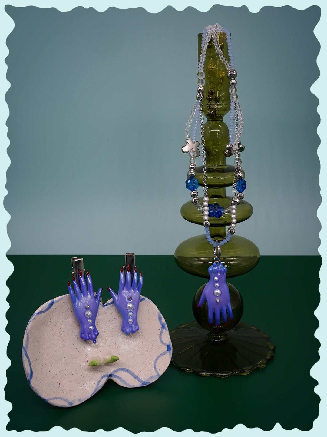 Blue Fairy Goblin Hands Jewelry Set, Whimsical Goblin Hands Earring and Necklace, Magical Blue Fairy Accessories, Fantasy Hands Pendant and Hairclips, Cute Goblin Hands Earring Ensemble, Quirky Blue Fairy Necklace Set, Fairy Tale Inspired Jewelry Collection, Unique Goblin Hands Hairclips, Enchanting Blue Fantasy Jewelry, Hand-shaped Pendant and Hairclip Set,