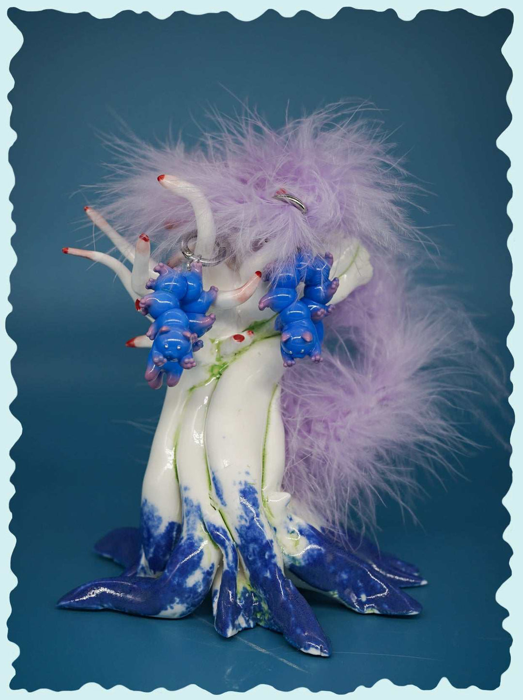 Blue cat necklace and earring set with purple gradient, playful design, polyurethane resins, titanium steel.