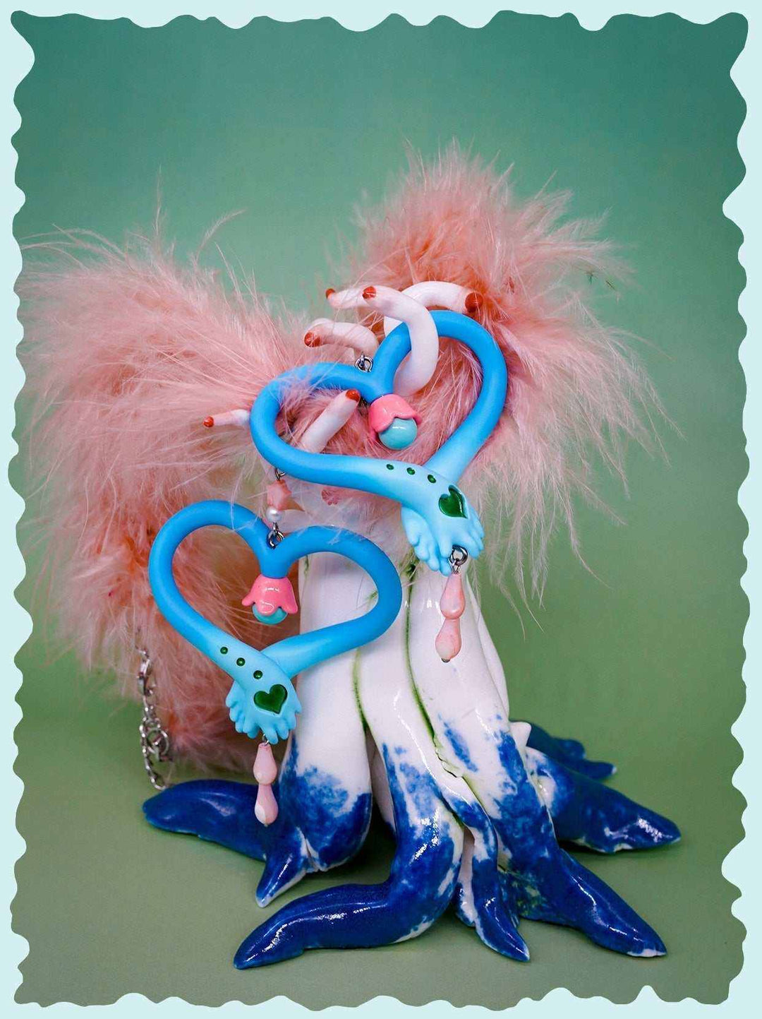 Hands Necklace & Earring Set inspired by fairy's wand, featuring blue and pink design with polyurethane and titanium steel materials.