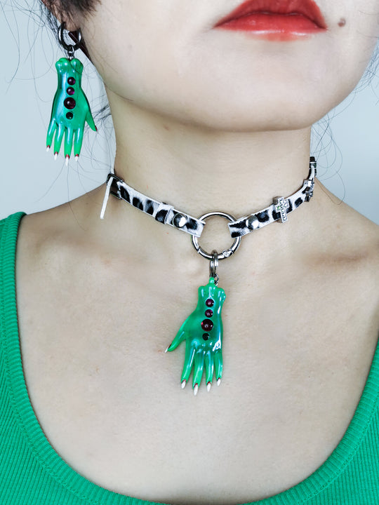 Green Fairy Goblin Hands Jewelry Set, Whimsical Goblin Hands Earring, Necklace & Hairclips, Enchanting Green Fairy Accessories Ensemble, Fantasy Hands Pendant in Vibrant Green, Cute Goblin Hands Earring and Necklace Set, Quirky Green Fairy Necklace and Hairclip Collection, Fairy Tale Inspired Jewelry Trio, Unique Goblin Hands Hairclips with Green Accents, Whimsical Green Fantasy Jewelry, Hand-shaped Pendant, Hairclips & Earrings Set in Green,