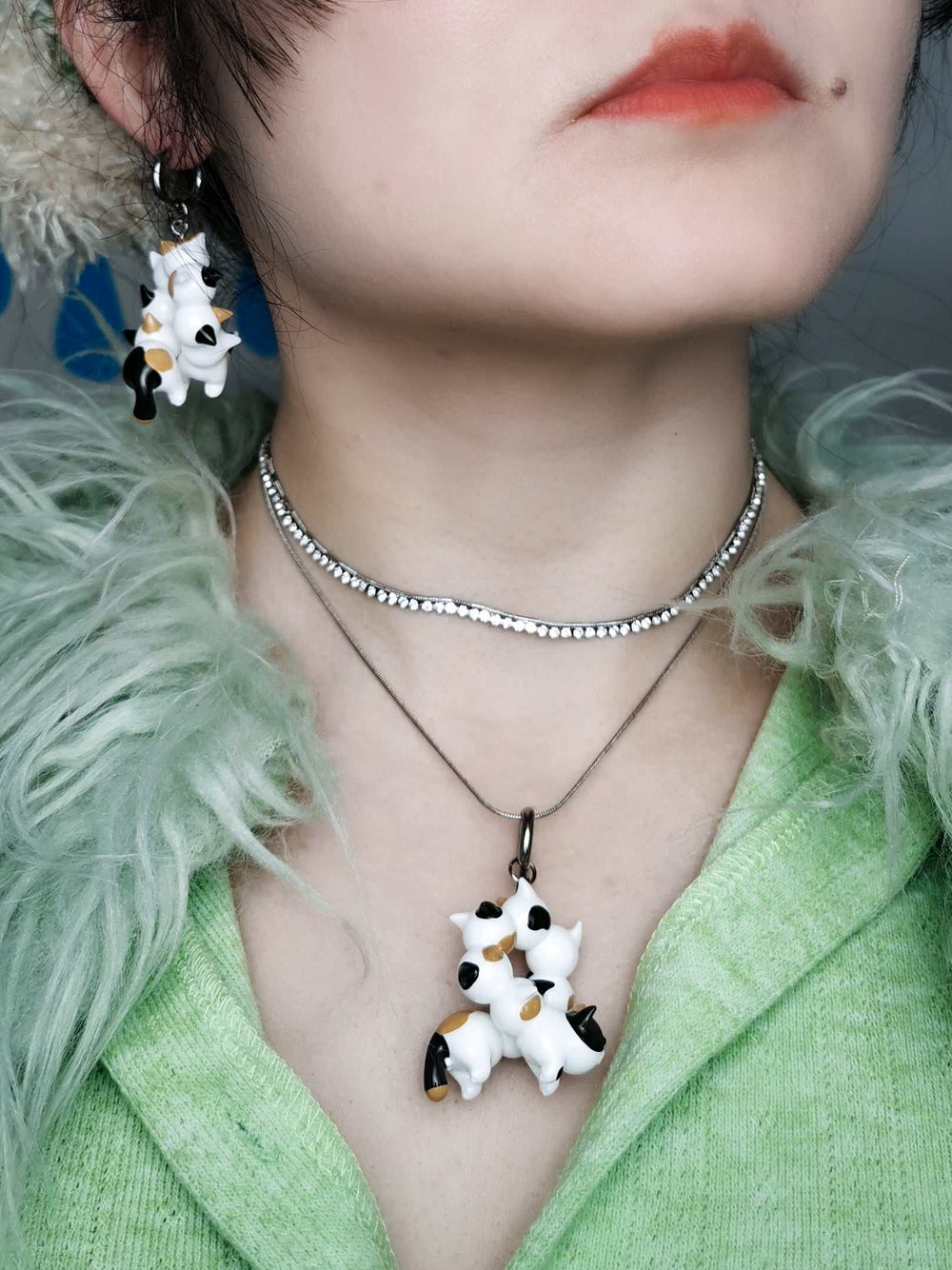 Calico cat, Caterpillar necklace, Earring with ears,  Unique jewelry, Cat-themed accessories,  Statement necklace,  Cute earrings,  Animal-inspired jewelry,  Whimsical accessories, Fashionable cat jewelry,