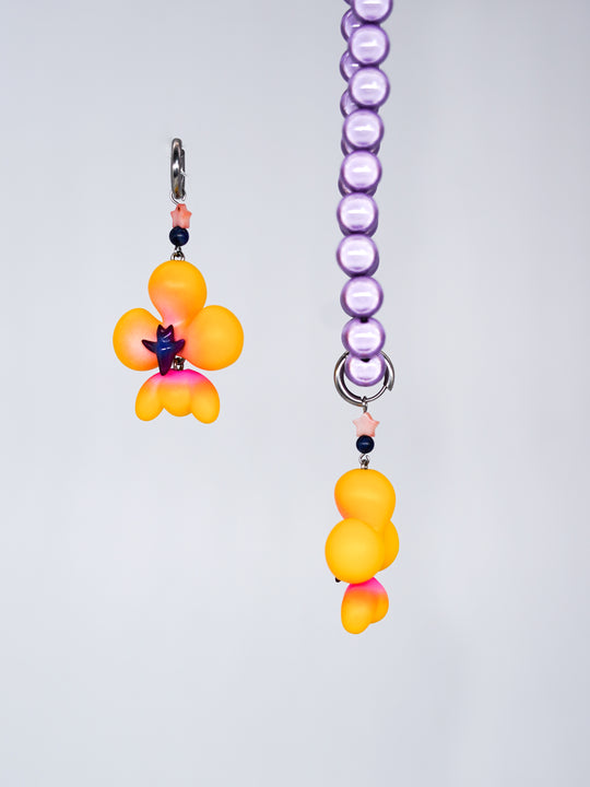 Yellow orange inflated butterfly orchid necklace & earring