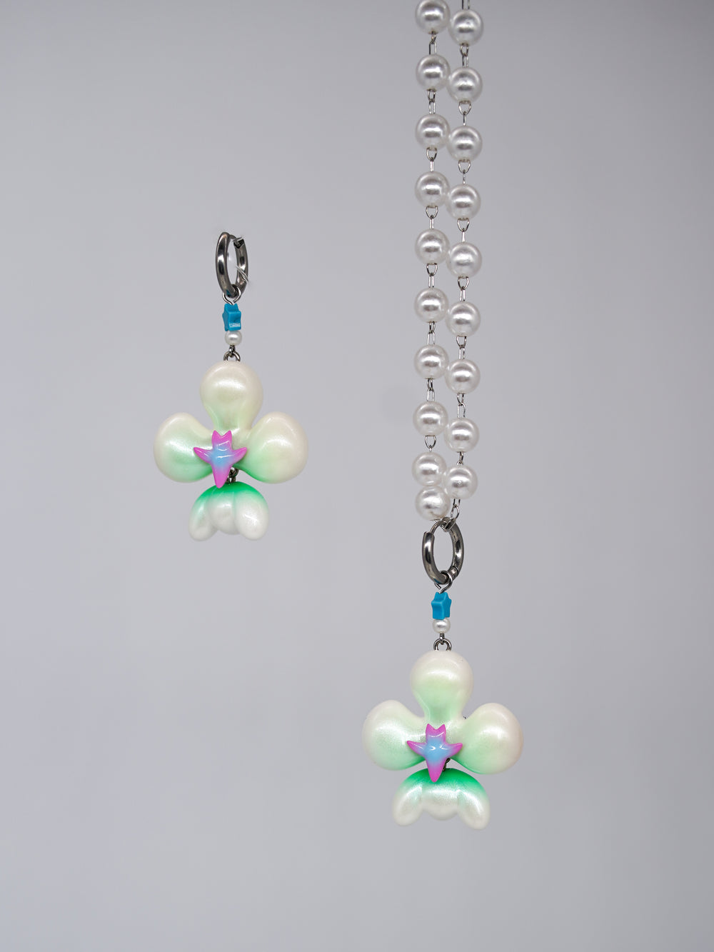 Scallion pearl inflated butterfly orchid necklace & earring