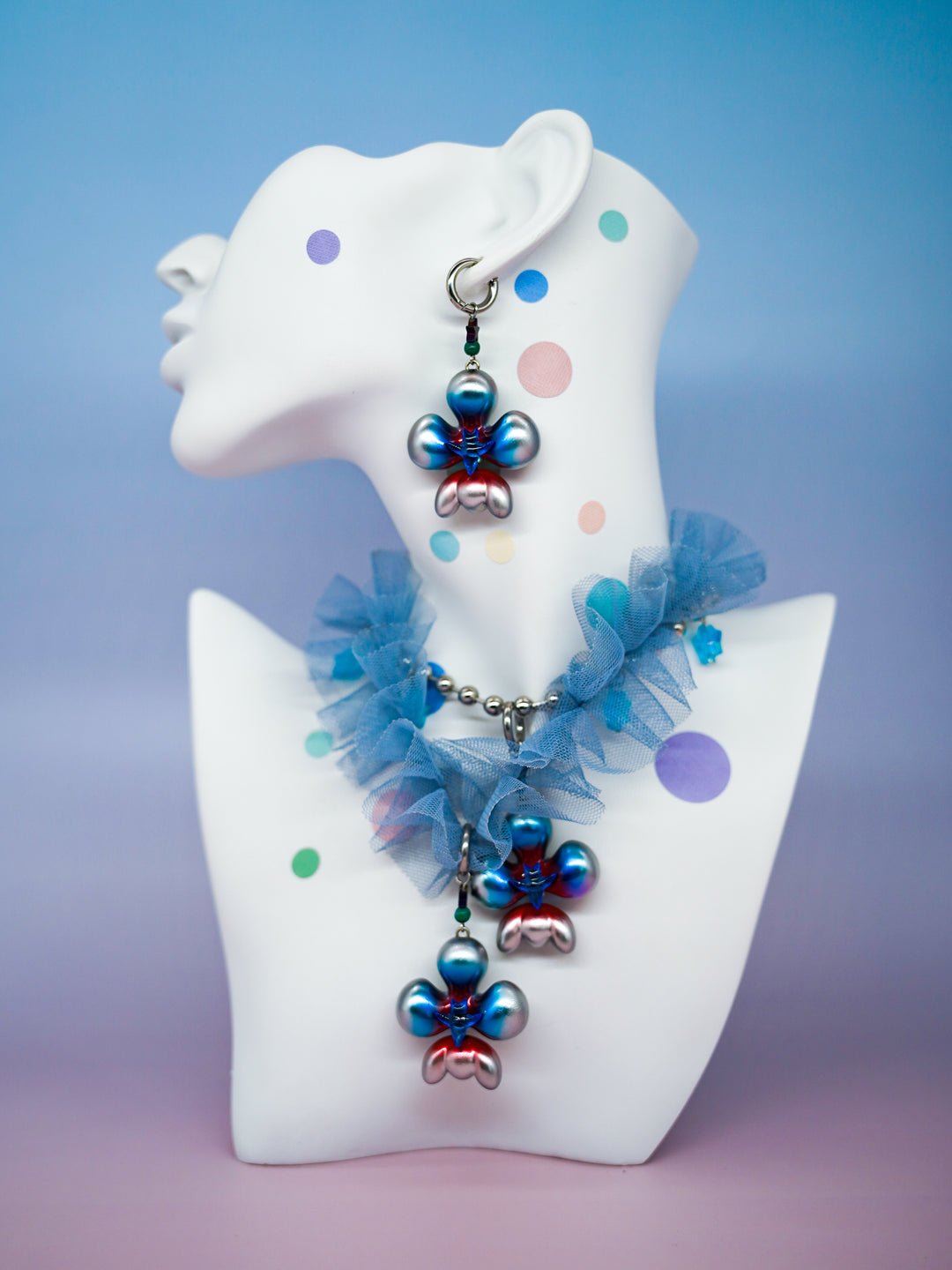 Cyber blue inflated butterfly orchid necklace & earring