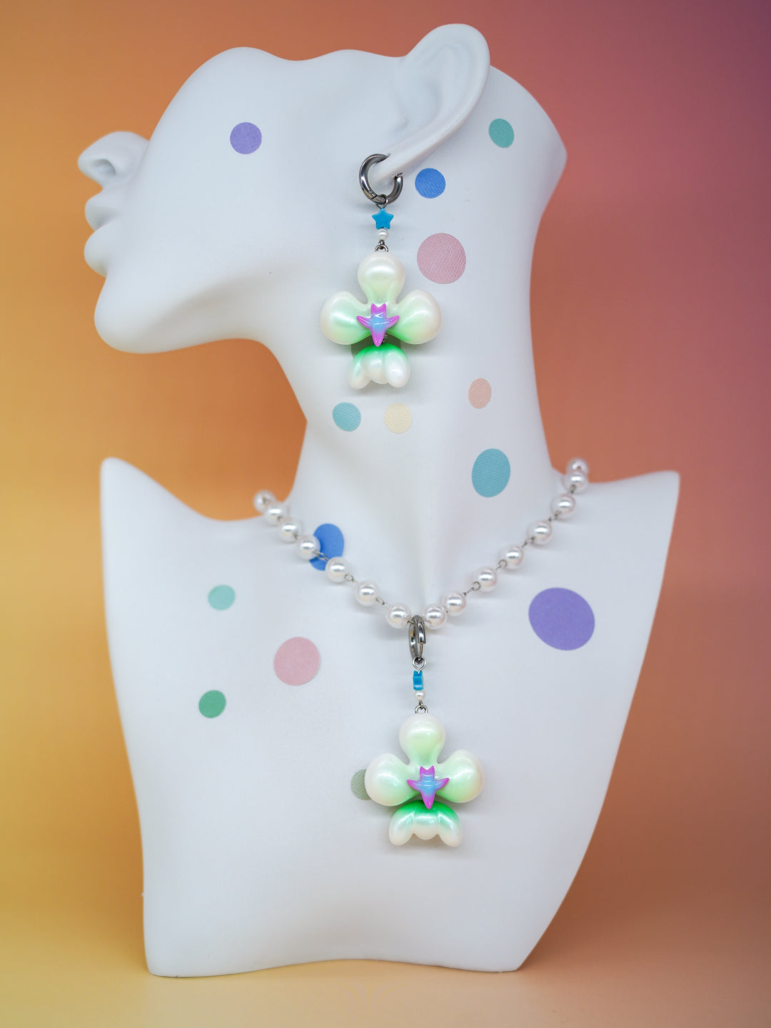 Scallion pearl inflated butterfly orchid necklace & earring