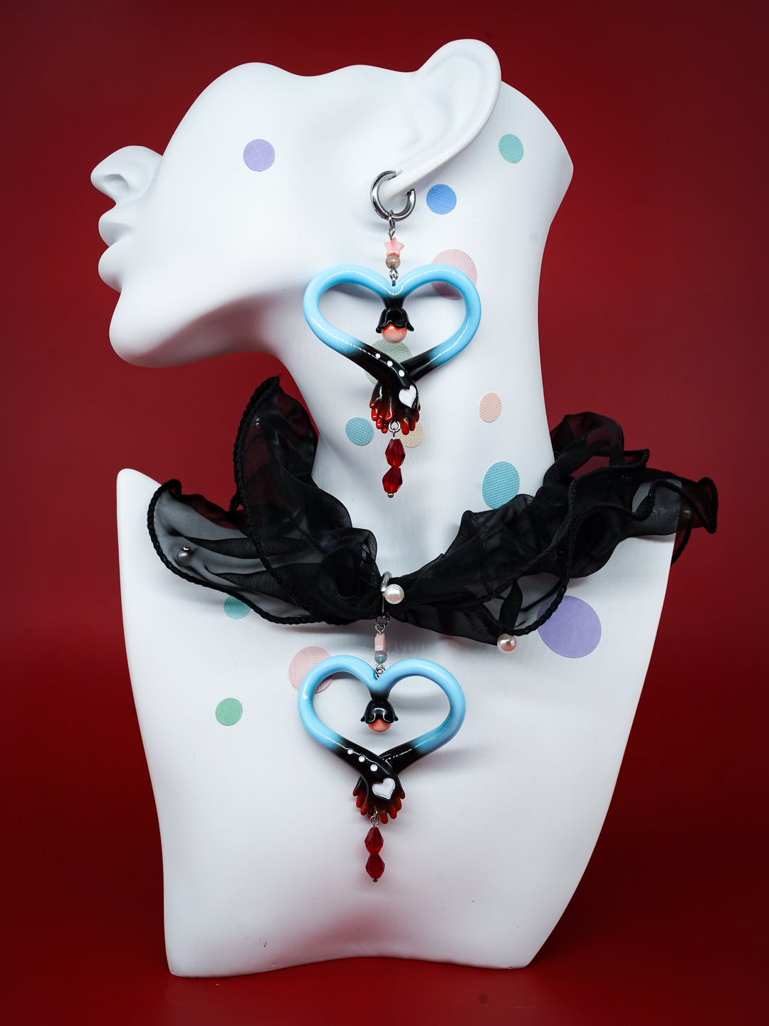 Blue Black witch's wand necklace & earring