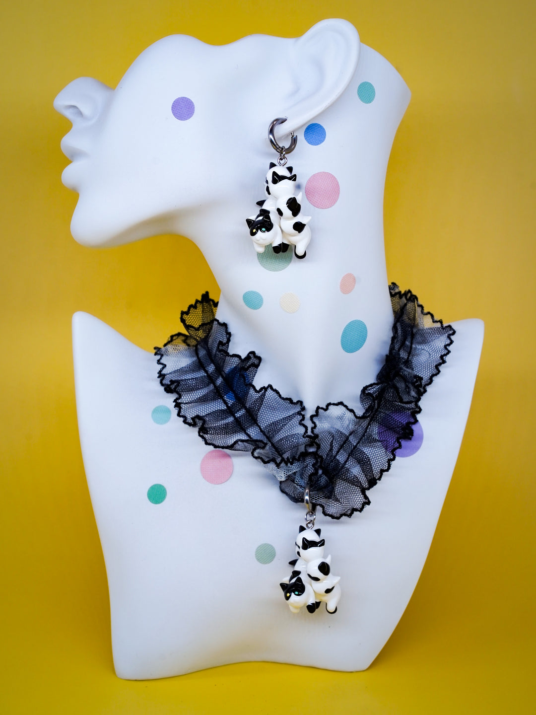 Tuxedo catcaterpillar with lots of ears necklace & earring