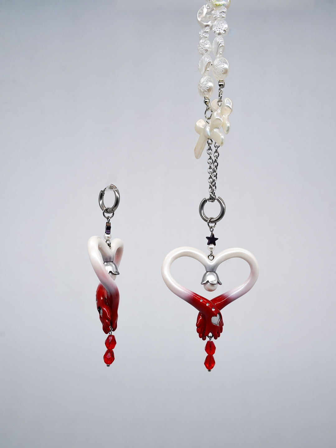 Blood-red pearl witch's wand necklace & earring