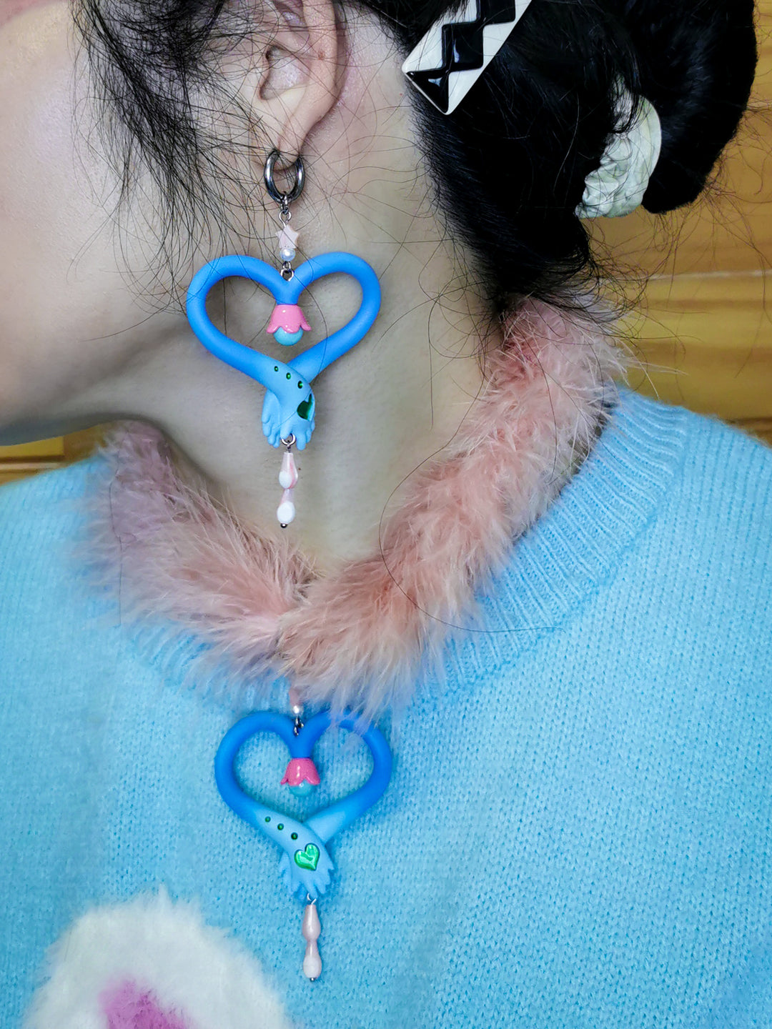 Blue & Pink witch's wand necklace & earring