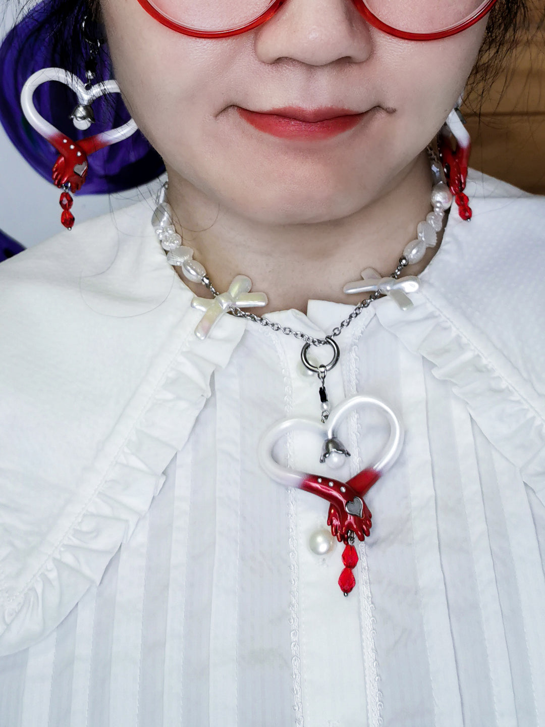 Blood-red pearl witch's wand necklace & earring