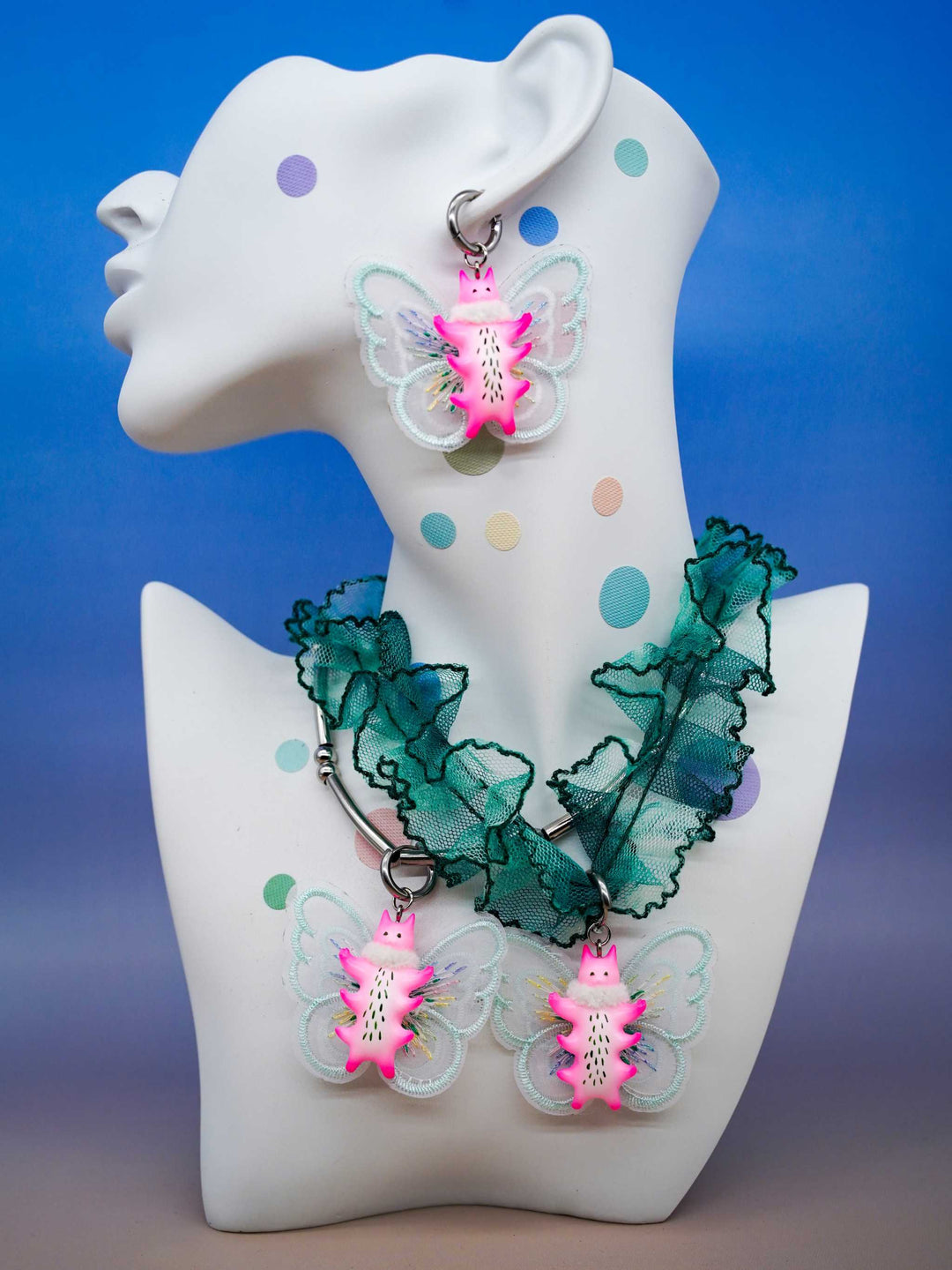 Butterfly cat with fur snood necklace and earring set in flamingo pink with mint green wings.