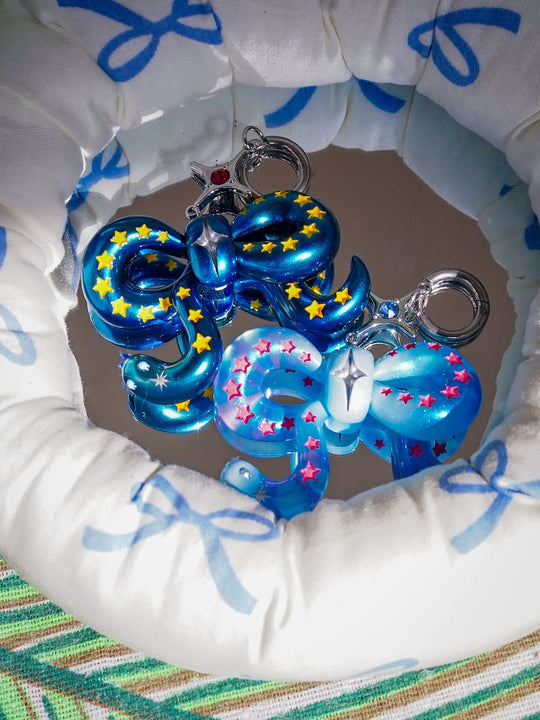 Snake Bowtie Galaxy blue necklace and earring set with starry electric yellow accents and felt tongue