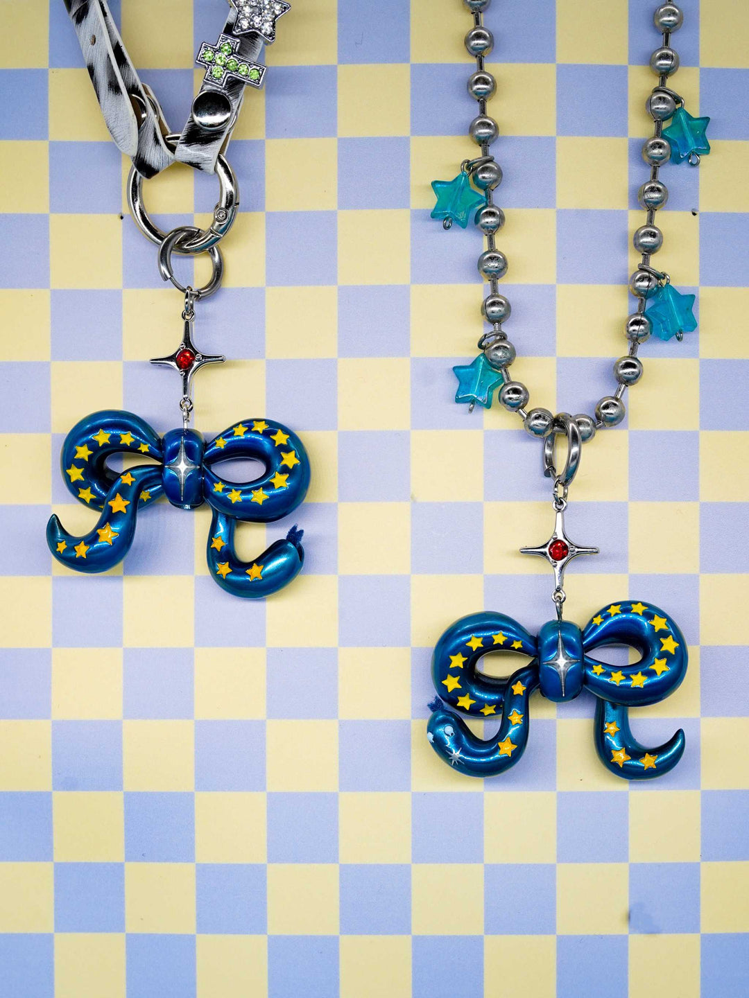Snake Bowtie galaxy blue necklace and earring with starry design and felt tongue