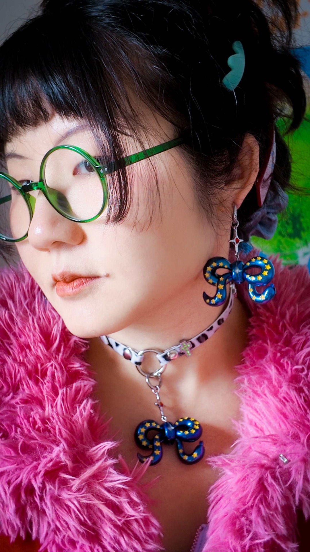 Galaxy blue snake bowtie jewelry set with electric yellow stars and felt tongue