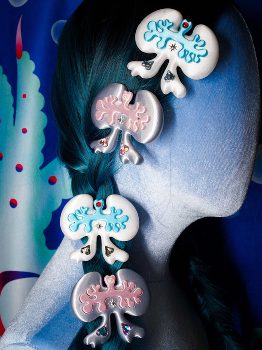 Cute lung-shaped bow hair clip 3D printed accessory in white and green or silver and pink