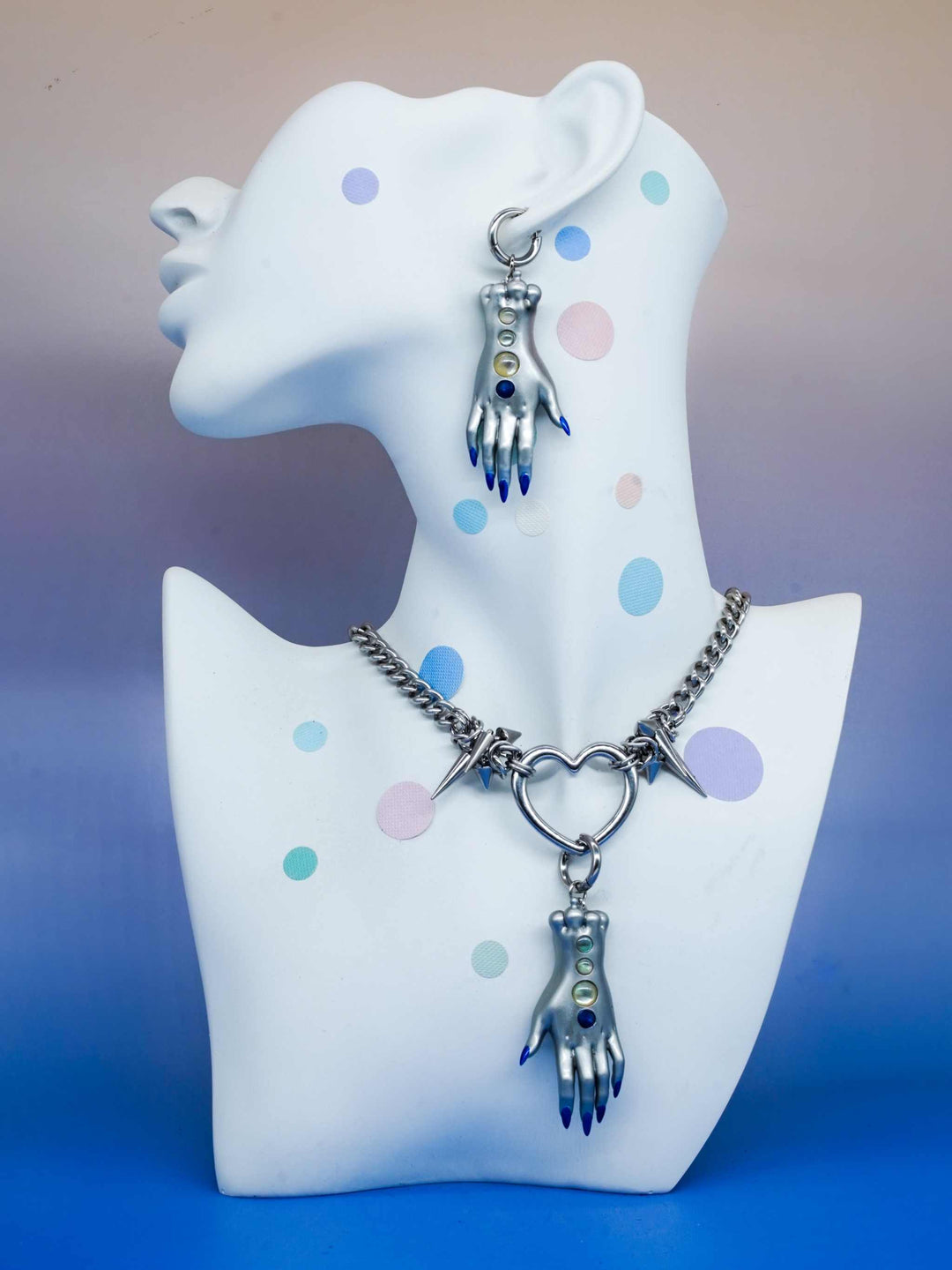 Moonlight Silver Fairy Goblin Hands necklace and earrings with blue gradient nails and silver metallic finish