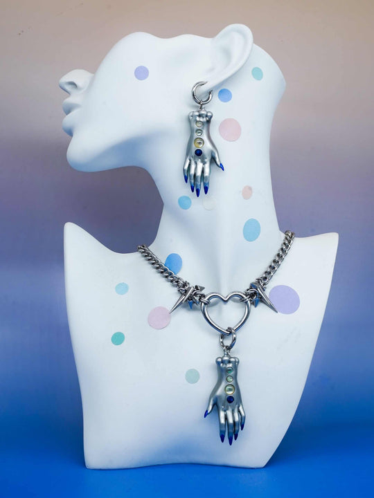 Moonlight Silver Fairy Goblin Hands necklace and earrings with blue gradient nails and silver metallic finish