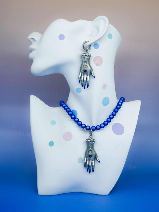 Moonlight Silver Fairy Goblin Hands necklace and earrings with blue gradient nails and silver metallic finish
