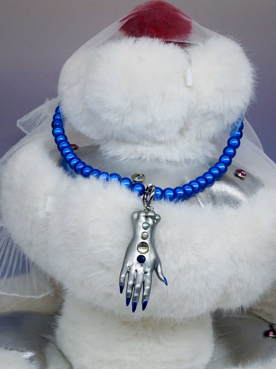 Moonlight Silver Fairy Goblin Hands necklace and earrings with blue gradient nails and silver metallic finish