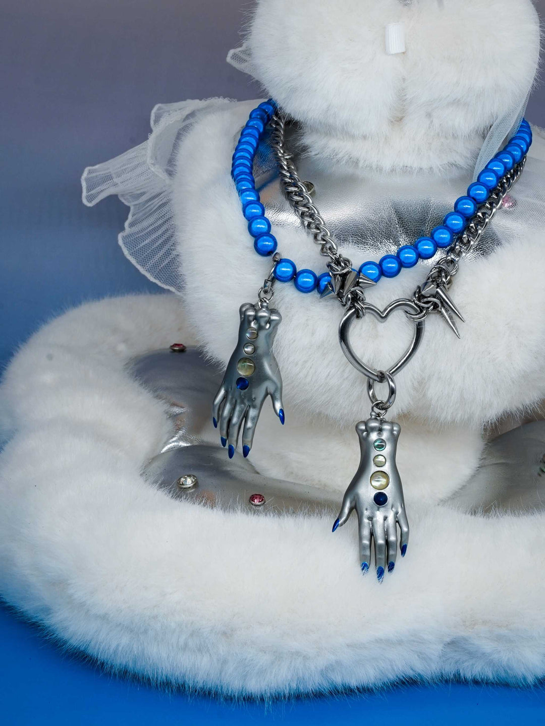 Moonlight silver fairy goblin hands jewelry set with blue gradient nails and gem details including earrings and necklaces