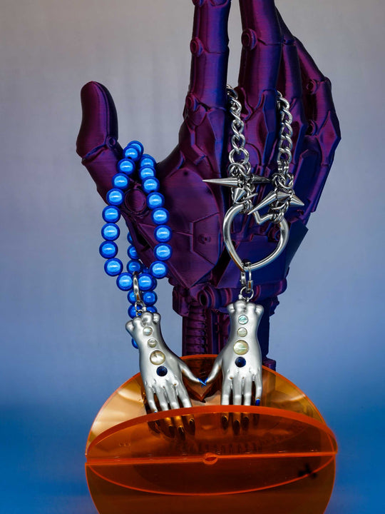 Moonlight Silver Fairy Goblin Hands necklace and earrings with blue gradient nails and silver metallic finish