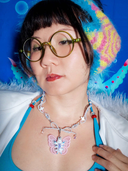 Butterfly cat with Fur Snood Necklace & Earring Pearl White