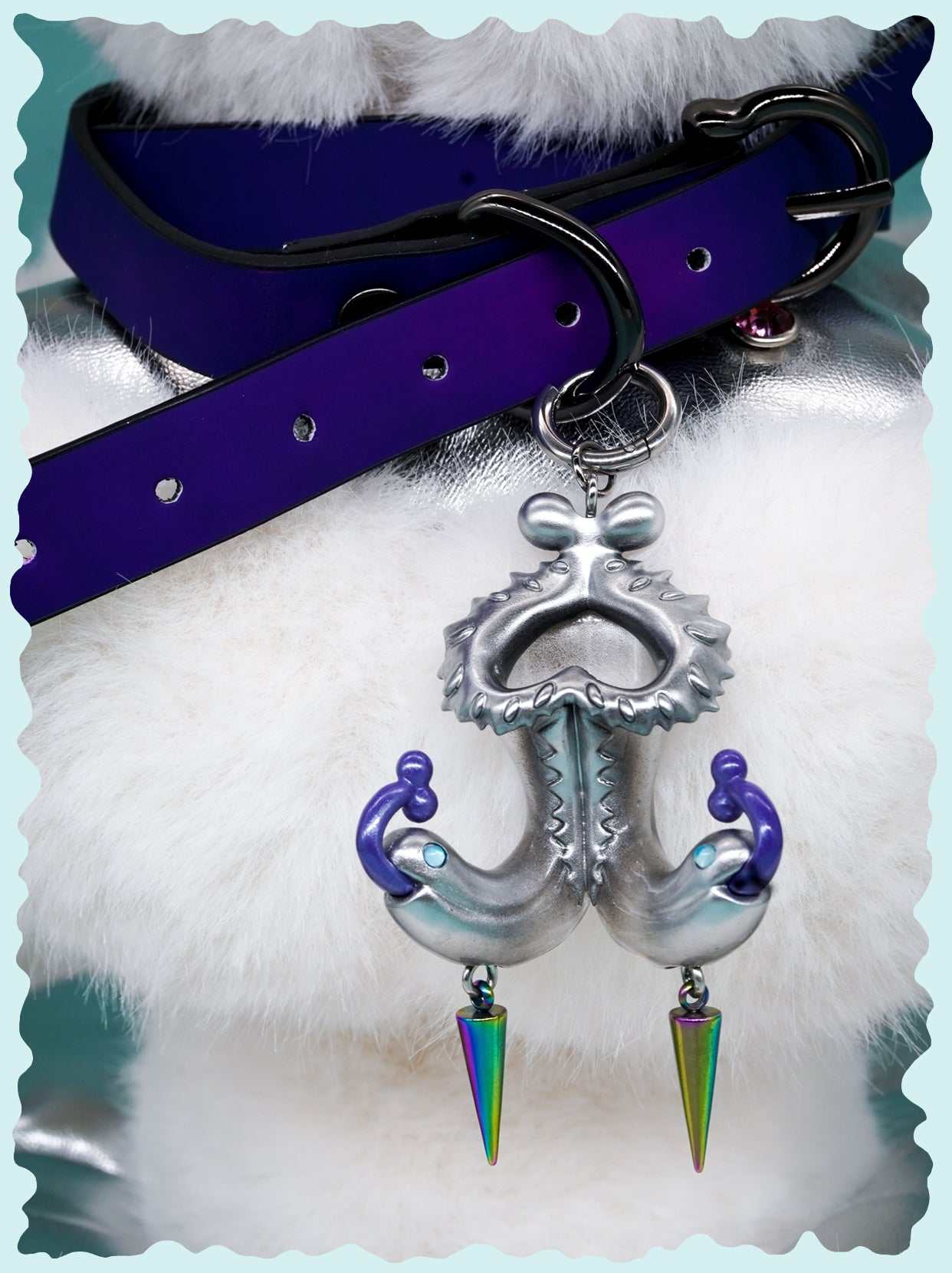 Twin-Headed Pitcher Serpent silver earrings with violet tendrils and blue eyes inspired by pitcher plant