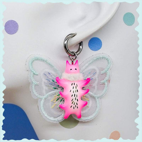 Butterfly cat with fur snood necklace and earring in flamingo pink with mint green wings.