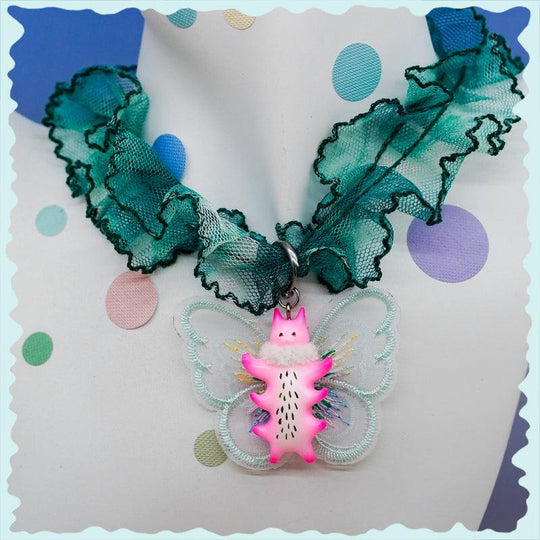 Butterfly cat with fur snood necklace and earring in flamingo pink with mint green wings.