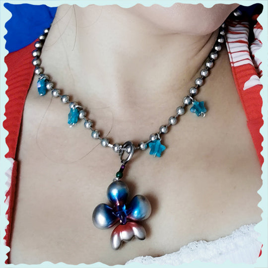 Cyber blue inflated butterfly orchid necklace & earring