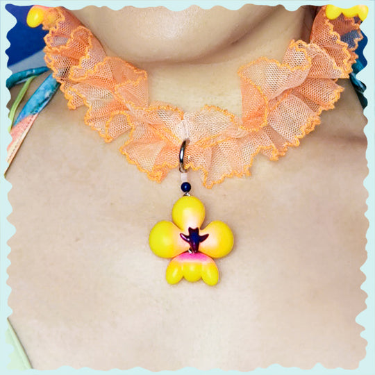 Yellow orange inflated butterfly orchid necklace & earring