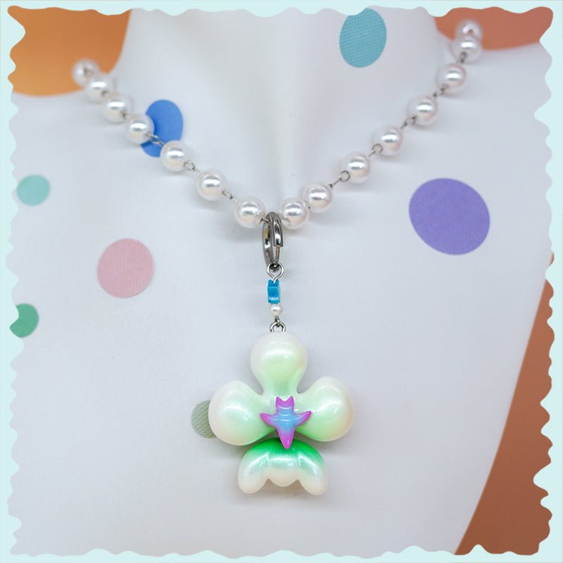 Scallion pearl inflated butterfly orchid necklace & earring