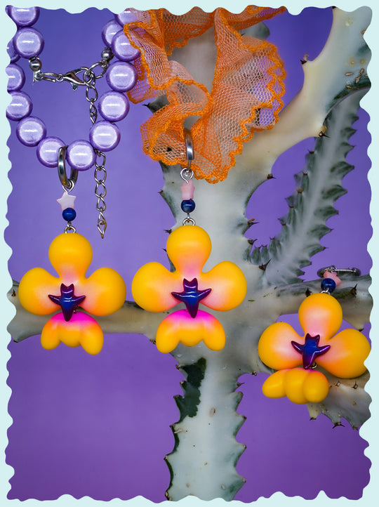 Yellow orange inflated butterfly orchid necklace & earring