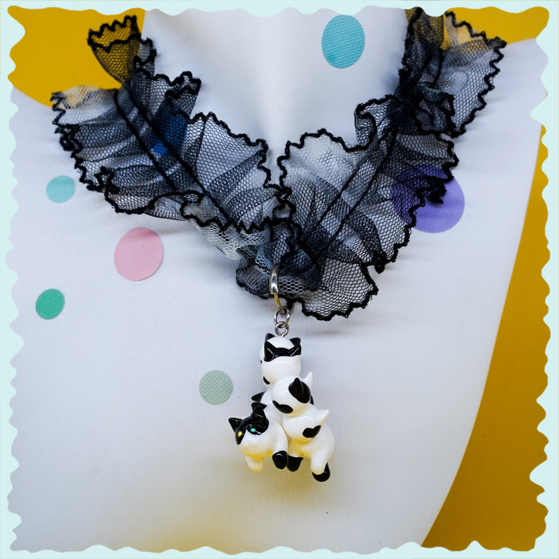 Tuxedo catcaterpillar with lots of ears necklace & earring