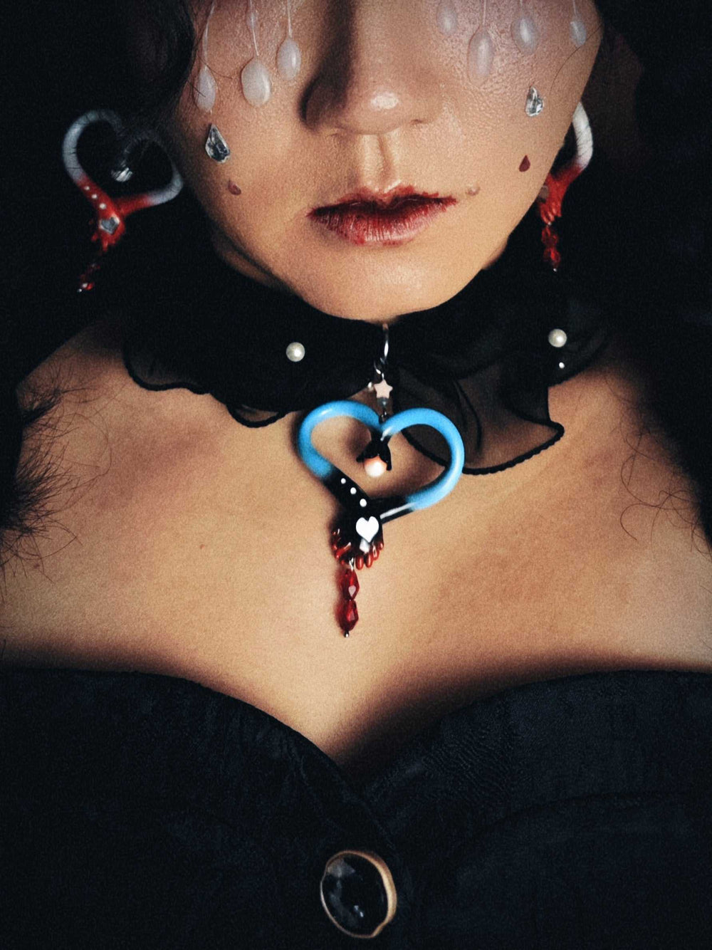 Burnt blue witch's wand necklace and earrings with lace and pearl beads, inspired by fairy's wand, featuring unique hand jewelry design.