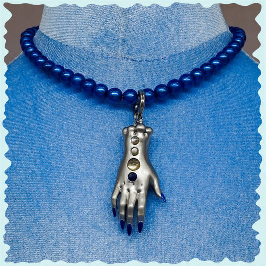 Moonlight Silver Fairy Goblin Hands necklace and earrings with blue gradient nails and silver metallic finish