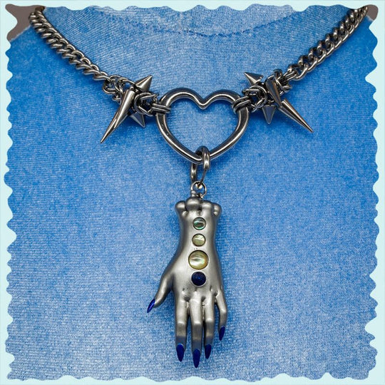 Moonlight Silver Fairy Goblin Hands necklace and earrings with metallic silver finish and blue gradient nails